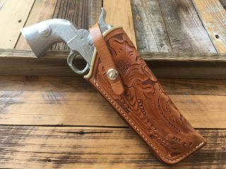 Vintage Alamo Floral Carved Leather Lined Threepersons Holster Sa Revolver 5 1/2