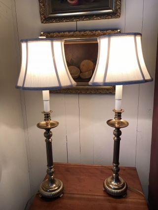 Vintage Brass Candlestick Table Lamps W/ Shades - Pair