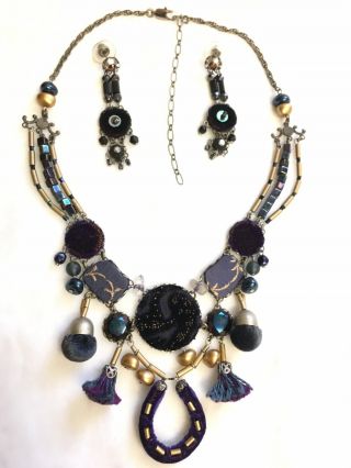 Vintage Ayala Bar Bead Israel Earrings Necklace Silk Velvet Purple Tassels Set