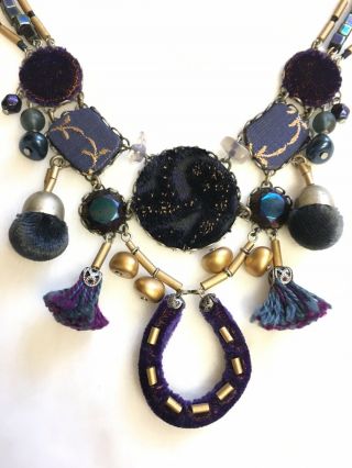 Vintage Ayala Bar Bead Israel Earrings Necklace Silk Velvet Purple Tassels Set 2