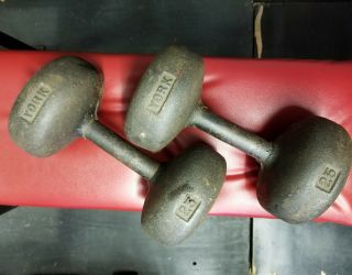 Vintage Two York Barbell Bun Style 25lb Dumbbells (pre Usa Stamp) 50lbs Total