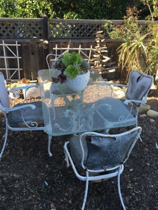 Woodard Vintage White Wrought Iron Rectangle Glass Patio Set With 4 Chairs