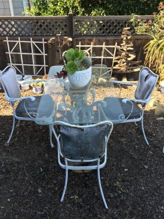 Woodard Vintage White Wrought Iron Rectangle Glass patio Set With 4 Chairs 7