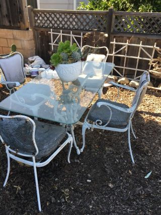 Woodard Vintage White Wrought Iron Rectangle Glass patio Set With 4 Chairs 8