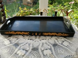 Vintage Chinese / Japanese Black Lacquer Tray With Gold Dragon Inlay