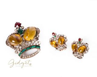 Vintage Crown Rhinestone Set Earrings Brooch Pin 1940s Sterling Vermeil