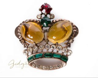 Vintage Crown Rhinestone Set Earrings Brooch Pin 1940s Sterling Vermeil 2