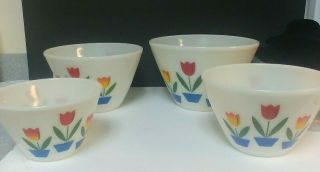 Set Of 4 Vintage Fire King Oven Ware Tulip Nesting Mixing Bowls