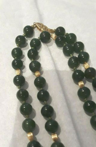 Vintage Jade ? Nephrite ? 32 Inch Long Beaded Necklace 14kt Gold Rondels & Clasp