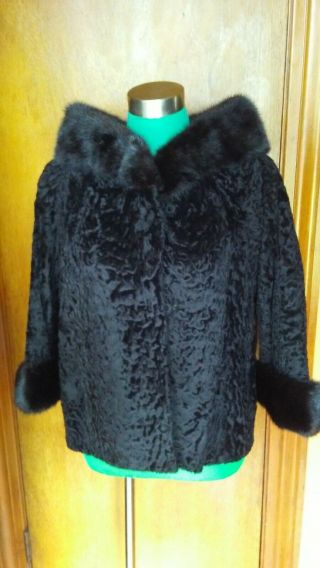 Unlabeled Vintage Black Curly Lamb Jacket Coat With Mink? Rabbit? Collar & Cuffs