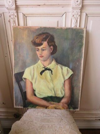 Gorgeous Old Vintage Portrait Oil Painting On Canvas Woman Blouse Lace Collar