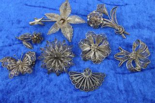 8 X Vintage.  800 &.  925 Sterling Silver Filigree Brooches Inc.  Floral (62g)