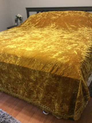 Vintage 60s 70s Gold Crushed Velvet Bedspread Coverlet Fringed 111” X 96” Retro