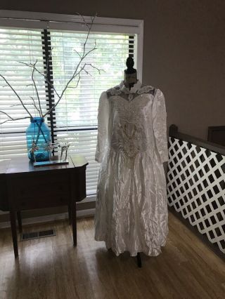 Vintage Long Sleeve Wedding Dress Lace Detail Beading High Neck