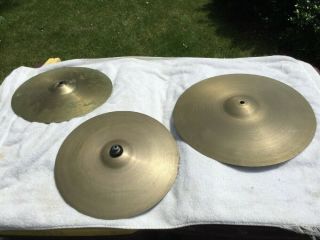 3 Vintage Brass Cymbals 2 @ 14 " & 1 @ 17 " - Unmarked Acquired W Gretsch Drum Set