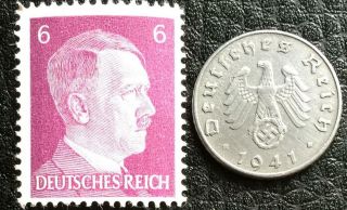 Rare Ww2 German 5 Reichspfennig Coin & 6pf Stamp Authentic Artifacts