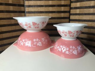 Pyrex Vtg Pink Gooseberry Cinderella Mixing Bowls 441 442 443 444 Complete Set - 4
