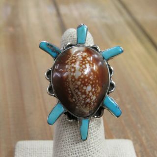 Vintage Sterling Silver Turquoise And Shell Turtle Statement Ring Ae Leekity