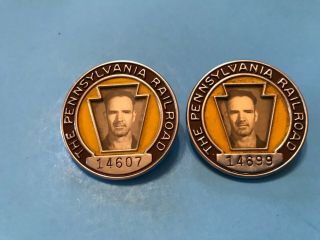 2 Vintage Prr Pennsylvania Railroad Employee Photo Badges Pins Keystone Emblem