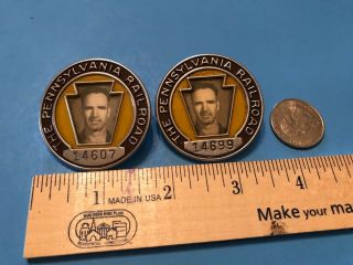 2 Vintage PRR Pennsylvania Railroad Employee Photo Badges Pins Keystone Emblem 2