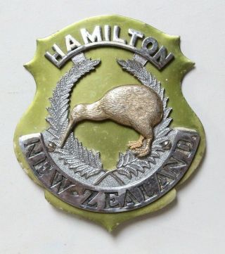 Vintage Hamilton Zealand Car Badge Green Metal With Enamel Emblem