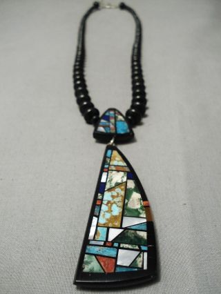 Very Important Vintage Santo Domingo Turquoise Inlay Sterling Silver Necklace