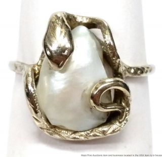 Vintage 18k White Gold Freeform River Pearl Ladies Snake Ring Size 4.  5