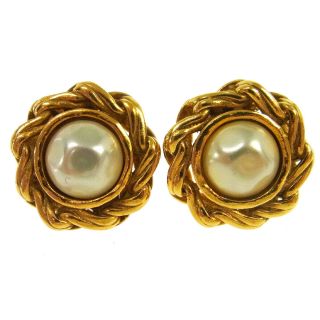 Auth Chanel Vintage Cc Logos Imitation Pearl Earrings Clip - On V01282