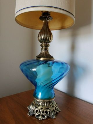 Vintage Mid Century Modern Aqua Blue Optic Glass & Brass Lamp 32 " Hollywood