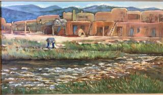 M.  C.  Luther Large Vintage Taos Nm Impressionist Oil Painting Pueblo Landscape