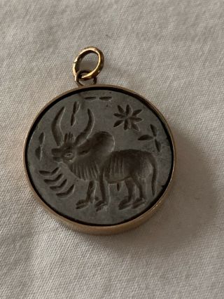 Antique 9ct Gold Hardstone Yak Intaglio Fob Seal Pendant