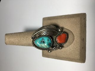South Western 925 Sterling Silver Turquoise And Coral Ring 54 - Q