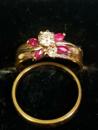 Vintage 14K Yellow Gold Diamond & Ruby Wedding Ring Set Sz.  6.  0.  Enduring 2