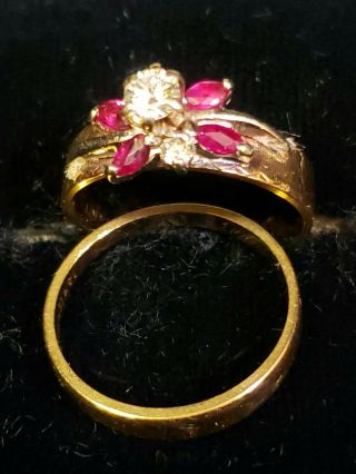 Vintage 14K Yellow Gold Diamond & Ruby Wedding Ring Set Sz.  6.  0.  Enduring 3