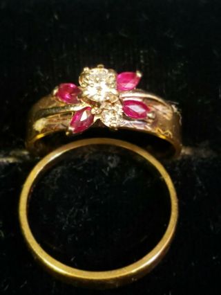 Vintage 14K Yellow Gold Diamond & Ruby Wedding Ring Set Sz.  6.  0.  Enduring 6