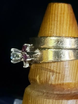 Vintage 14K Yellow Gold Diamond & Ruby Wedding Ring Set Sz.  6.  0.  Enduring 7