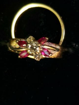 Vintage 14K Yellow Gold Diamond & Ruby Wedding Ring Set Sz.  6.  0.  Enduring 9
