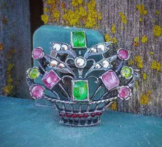 Antique Sterling Silver Giardinetti Basket Of Flowers Pin Brooch Victorian Vtg