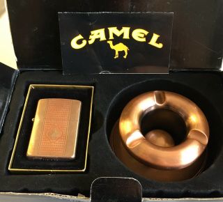 Rare Camel Cigarette Zippo Copper Lighter & 2 Pc Ashtray Set C 03 Usa Vgc