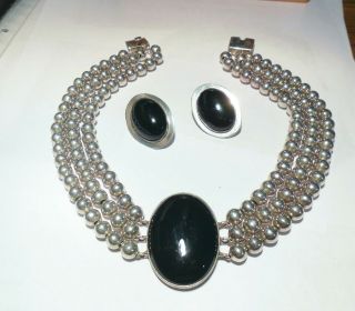 Sterling And Black Onyx Necklace And Earrings Taxco Mexico Vintage