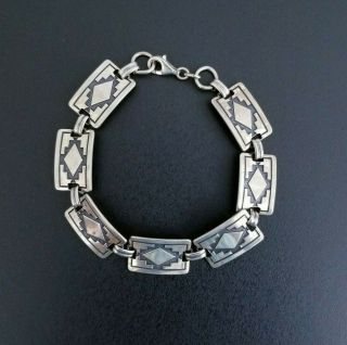 Vtg 925 Sterling Silver Southwestern Native Style Panel Link Bracelet,  8 