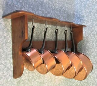 Vintage French Set 5 Lined Copper Saucepans,  Wood Shelf Hook Wall Display Rack