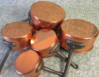 Vintage French SET 5 LINED COPPER SAUCEPANS,  Wood Shelf Hook Wall DISPLAY RACK 6