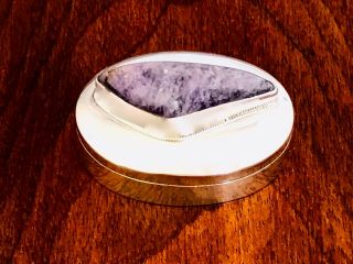 - Mexican Sterling Silver Oval Lidded Pill Box: Purple Stone: Pachuca Eagle 1