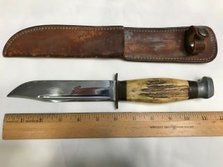 Ka - Bar 11.  5” Vintage Stag Antler Handle Fixed Blade Hunting Knife Leather Sheath