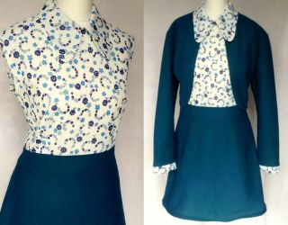 Vintage 60s 70s Mod Floral Beagle Collar Mini Shift Dress & Jacket Suit M Uk 12
