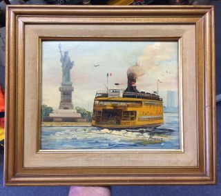 Vintage Staten Island Ferry Oil Painting Signed By Painter Morris Framed Display