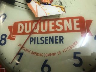 Vtg 1950s Duquesne Pilsener Beer 15” Light - Up Advertising Sign Bubble PAM Clock 7