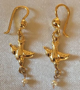 VTG ANTIQUE GOLD OVER STERLING SILVER 925 MINIATURE PEARLS BIRDS PIERCE EARRINGS 2