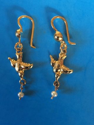 VTG ANTIQUE GOLD OVER STERLING SILVER 925 MINIATURE PEARLS BIRDS PIERCE EARRINGS 3